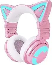 YOWU RGB Cat Ear Headphones 3G Wireless 5.0 Foldable Gaming Headset with 7.1 Surround Sound, Built-in Microphone and Adjustable Lighting and Effect via App, Type C Charging Audio Cable (Pink)