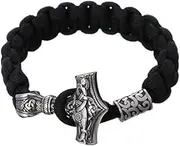 [BOSUGE] Personalised Bracelet，Mens Viking Thor Hammer Braided Bracelet Stainless Steel Nordic Mjolnir with Rune Knot Bead Umbrella String Cuff Bangle Vintage Amulet Jewelry (Color : Silver, Size : 19CM) (Col