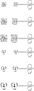 [Sanfenly] 6 Pairs Sterling Silver Stud Earrings for Women, Cubic Zirconia Stud Earrings, Tiny Ball Stud Hypoallergenic Earrings, Small Tragus Cartilage Earrings Set for Men 2mm,3mm,4mm