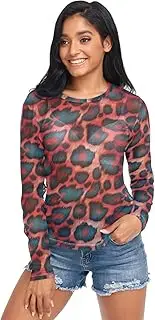 [AIXIWAWA] Leopard Print Red Women's Long Sleeve Mesh Sheer Top, Sexy See-Through Blouse for Party, Evening Wear S