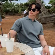 Short-Sleeve Plain Polo Shirt Grayish Blue - XL