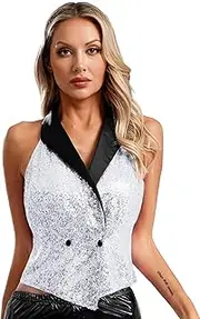 [Jugaoge] Women's Glitter Sequin Suit Vest V-neck Formal Dressy Sparkly Waistcoat Party Clubwear
