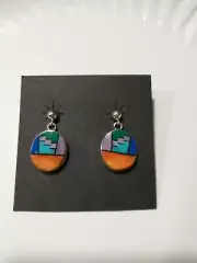 Native American Sterling and Multi Stone & shell signed Inlay Earrings