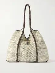 [Tod's] Tod's - T Timeless Large Leather-trimmed Crocheted Raffia Tote - Cream - One size One size Cream