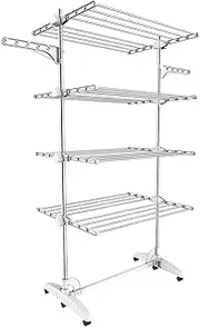 Todeco - Laundry Drying Rack, Clothes Airer - Material: Stainless Steel Tubes - Maximum Load: 6.7 lbs per Support bar - 4 Shelves, White, with Wings