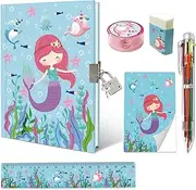 Set of Girls Diary with Lock, Mermaid Kids Journal Pen Set Includes 7.1x5.3 Inches Blue Girls Notebook Memo Pad Ruler 6 Multicolored Pen Sharpener Eraser Stationary Kit Gifts for Girls 6-10 Years