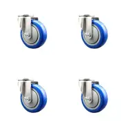 4 Inch 316SS Blue Polyurethane Wheel Swivel Bolt Hole Caster Set Service Caster
