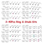 2-40Pcs Nose Hoop Ring Surgical Steel CZ/Opal L Screw Bone Stud Piercing Set 20G