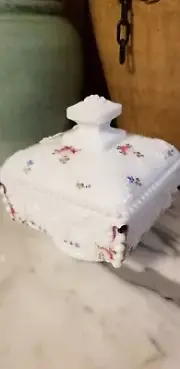 Westmoreland Milk Glass Grapes Pattern Square Compote Candy Dish Painted Flowers