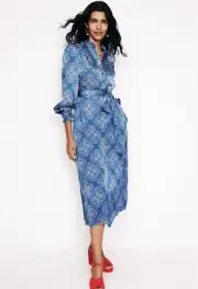 Boden Women's Jasmine Satin Midi Dress Directoire Blue Ornate Mosaic US 4