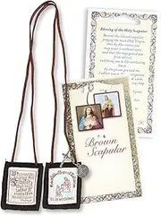 [Needzo] Our Lady of Mount Carmel Wool Scapular with St. Benedict and Crucifix, Catholic Devotional Accessory, 1 1/2" x 2", Durable Brown Cord