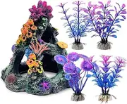Aquarium Decoration Set, Colorful Coral Mountain Cave with 4 Lush Aquatic Plants,Purple and Blue Underwater Decor