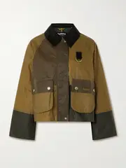 [Barbour] Barbour - Alma Cropped Corduroy-trimmed Patchwork Waxed-cotton Jacket - Brown - UK 16 UK 16 Brown