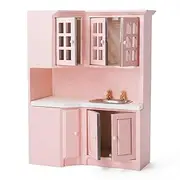 Odoria Dollhouse Kitchen Cabinet Miniature: 1/12 Scale Storage Pantry with Sink Modern Restaurant - Mini Cooking Furniture Wooden Corner Pink