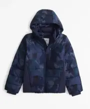 New Abercrombie Kids Performance Puffer Jacket Blue Pattern Size 7/8