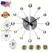 Mid-Century Modern 15" Silver Starburst Wall Clock - Silent Quartz Movement