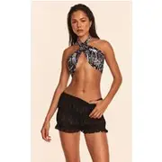 Black Chiffon Shirred Bloomer Beach Shorts, Black
