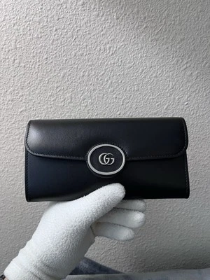 Gucci 762167 Mini Joan Double Leather Black Black Two Fold Long Wallet Wallet