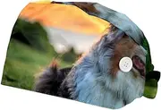 [FVQL] 2 Pcs Nurse Caps for Women, Reusable Surgical Cap Scrub Cap, Sunset Pattern Australian Shepherd Dog