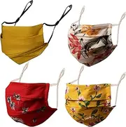 Touchstone Floral Fabric Adjustable filter pocket nose bridge double layer cotton face mask reusable washable for men, women (Pack of 4). Yellow Red Sea Green