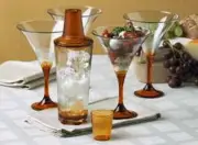 Tupperware Sheerly Elegant AMBER Stemware Cocktail Glasses & Shaker SET