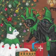 4x4 PRINT OF PAINTING RYTA XMAS WHITE BLACK CAT HOLIDAY ELF SANTA CLAUS folk art