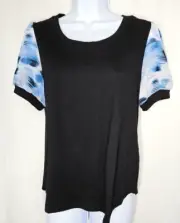 DKNY Women's Black Short Sleeve Modal Blend Top w/ Sheer Blue Sleeves Size Small