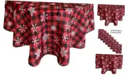 Red/Black Snowflake Plaid Festive Christmas Fabric Tablecloth, Red, 70" Round