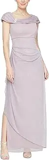 [Alex Evenings] Women's Long L-Neck Glitter Mesh Mother of The Bride Dress with Ruched Neckline (Petite and Regular Sizes)