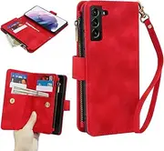 [GoshukunTech] for Samsung Galaxy S24 Wallet Case with 9 Card Holders,for Galaxy S24 5G Case Zipper Coin Pocket PU Leather Flip Cover Kickstand Protective Phone Purse with Wrist Strap-Red