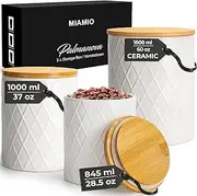 MIAMIO – Set of 3 Canister Sets for Kitchen Counter, Ceramic Kitchen Canister Set with Airtight Seal Wooden Lid - Perfect for Coffee, Tea, Sugar, Flour, Tea, Salt and More