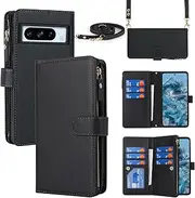 Cavor for Google Pixel 8 Pro Case 6.7 inch PU Leather Folio Flip Wallet Back Cover Magnetic Case with Long Shoulder Lanyard Zipper Coin Purse 9 Card Holder Kickstand Wristlet Strap-Black