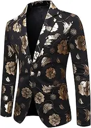 [Aosufei] Men's Blazer Stylish Print Floral Suit Jacket Lightweight Wedding Tuxedo Jacket Lapel One Button Suit Coat, Gold3, Medium
