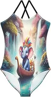 [RPLIFE] Kids Swim Suits Beach Bathing Suit 3-10 Y with Adjustable Shoulder Strap, Whimsical Cute Blue Elephant