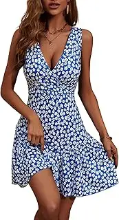 [FENSACE] Women's Summer Sleeveless Wrap V Neck Floral Ruffle Mini Sun Dress