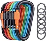 [KRENDR] 6 Pieces Upgraded D-Ring Locking Carabiner, 3.1" D Shape Keychain Clips for Outdoor, Camping, Hiking, Fishing, Home RV, Travel, 6 Spring-Loaded Gate Hook with 6 Key Rings