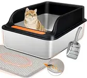 ESCRODOI Stainless Steel Litter Box, 60x40x25 Extra Large Cat Litter Box for Big Cats, Luxury Cat Litter Tray with Litter Scoop & Mat, Non-Stick Litter Boxes, Anti-Leakage, Easy Clean, Durable, Black