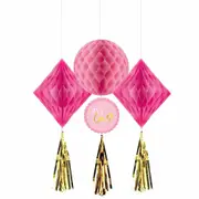 Baby Shower Girl Pink Honeycomb & Gold Tassel Decorations (Pack of 3)