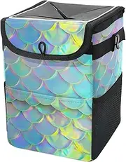 Car Trash Can with Lid and Storage Pockets Leak-Proof Organizer,Multipurpose Trash Bin for Car,Candy Color Mermaid Fish Scale