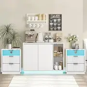 Merryluk White Sideboard Buffet LED Storage Cabinet and 2 Sets RGB LED Side Table with Charging Station