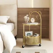 Costway 2-Tier Round End Table Rolling Storage Cart SideTable w/Lockable Wheels Bedroom Living Room Gold
