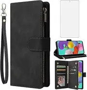 Asuwish Compatible with Samsung Galaxy A51 4G Wallet Case Tempered Glass Screen Protector and Leather Flip Cover Card Holder Cell Phone Cases for Glaxay A 51 Gaxaly M40S 51A A515F S51 Women Men Black