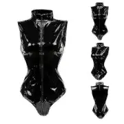 Women Sexy Latex Wet Look Front Zip Vinyl Bodysuit Teddy Pvc Catsuit Night Clubwear-yujia Black M