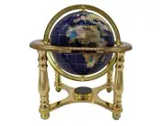 10" Tall Table Top Blue Lapis Ocean Gemstone World Globe with 4 leg Gold Stand