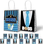 HAPPARTY 16 PCS BOSS Theme Party Gift Bags with Handles for Baby Boy Birthday Party Decorations, Black Blue Kraft Paper Take Out Bags