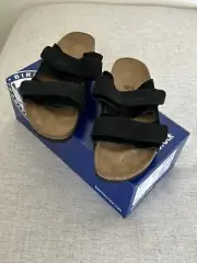 Birkenstock Uji Nubuck Suede Leather Black Two Strap Footbed Sandals Size 37 New