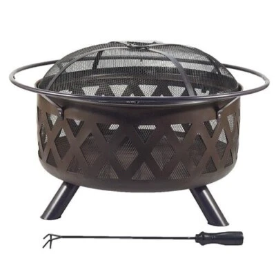 29" Round Lattice Steel Fire Bowl Pit Spark Screen Poker Outdoor Wood Burning