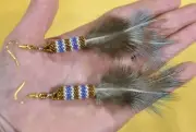 Blue Pheasant Earrings Prayer Feathers W Peyote Stitch Medicine Ceremonies