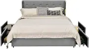 Giantex Bed Frame w/High Headboard & Drawers, PU Leather/Linen Upholstered Soft Bed with Storage, Heavy-Duty Noise-Free Platform Bed Frame, Easy Assembly, No Box Spring (Silver, Double)