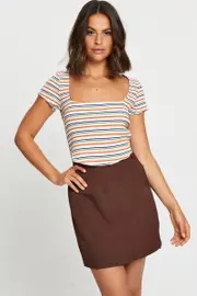 Brown High Waist Linen Front Slit - Size 14, Women's Short A Line